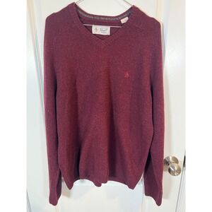 Original Penguin Mens Sweater 100% Lamb Wool V-Neck‎ Burgundy Size L